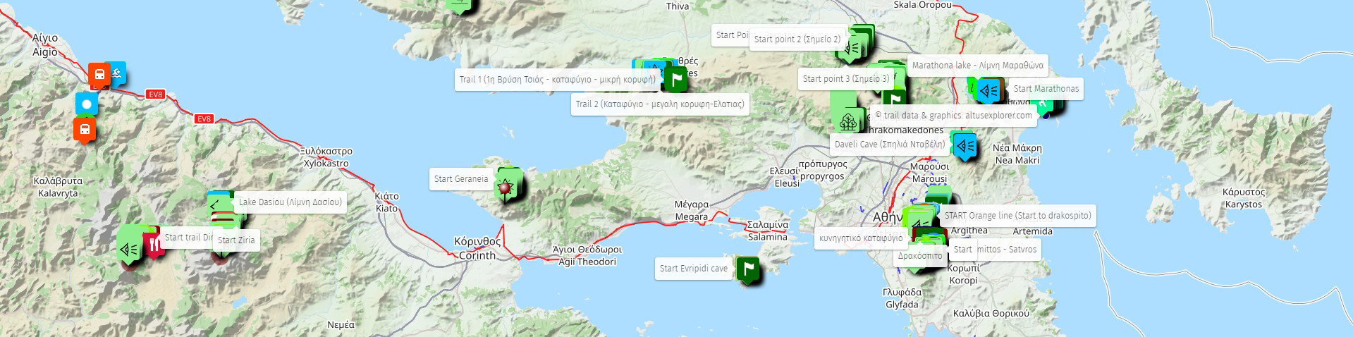 hiking map with all trails in greece